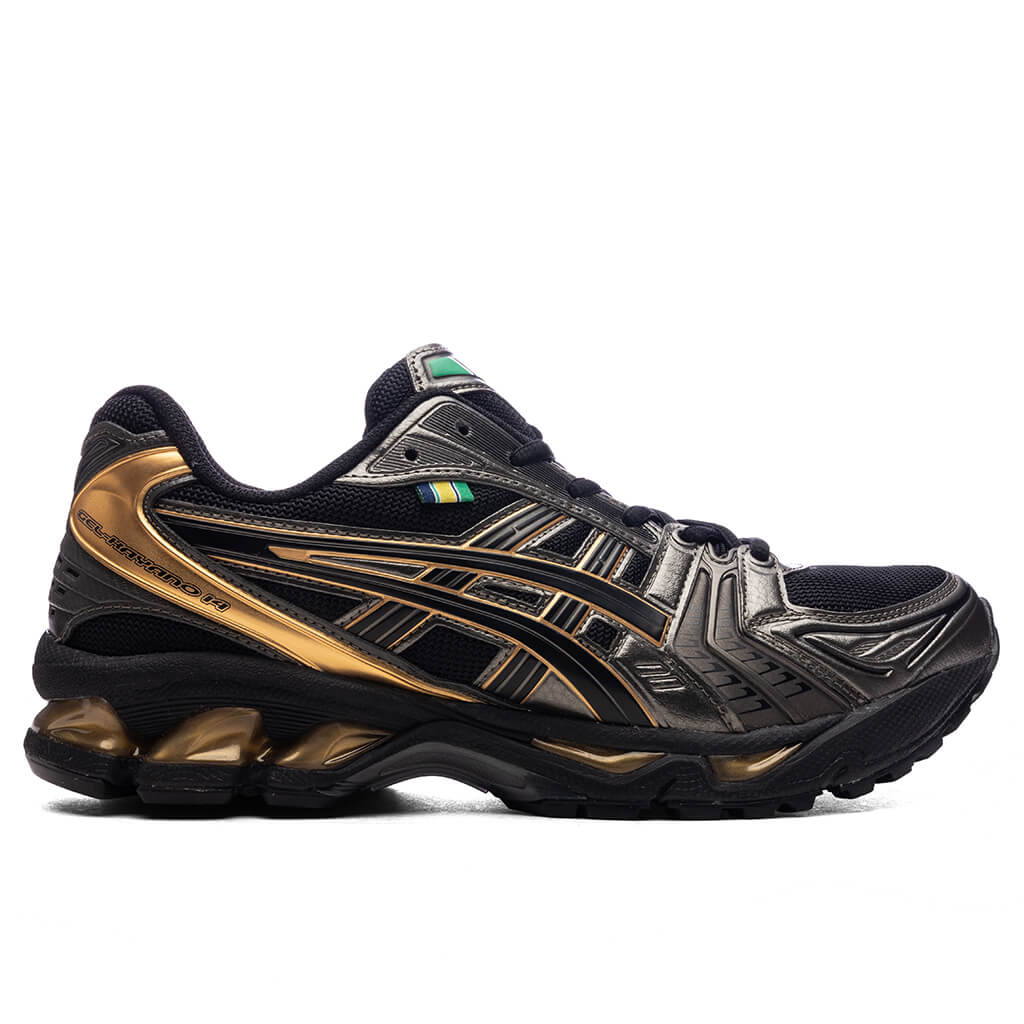 Asics x Ayrton Senna Gel-Kayano 14 in Black/Pure Gold - product image from the listing.