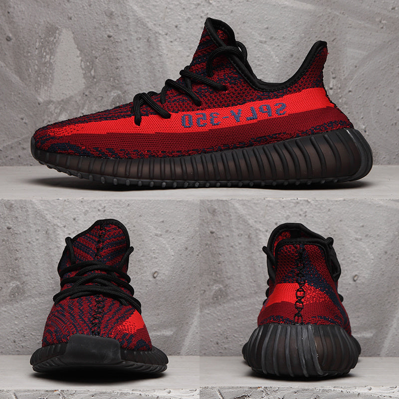 Red and Black Yeezy 350 V2 Knit Sneakers - product image from the listing.