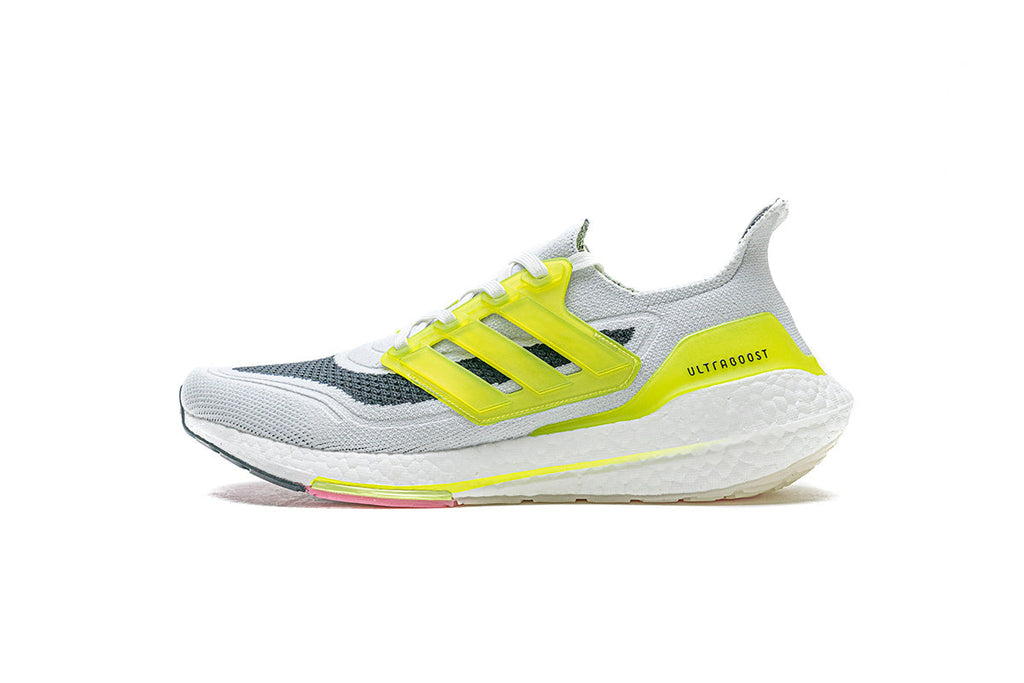 adidas UltraBoost 21 Running Shoes, in White and Volt FY1214 - product image from the listing.