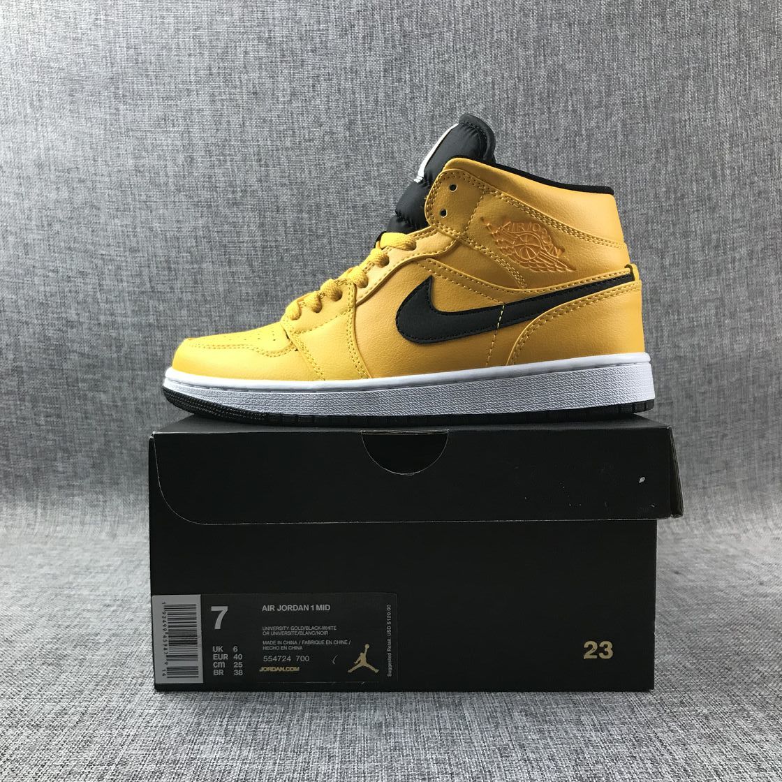 Air Jordan 1 Mid Sneakers in University Gold Black White - product image from the listing.