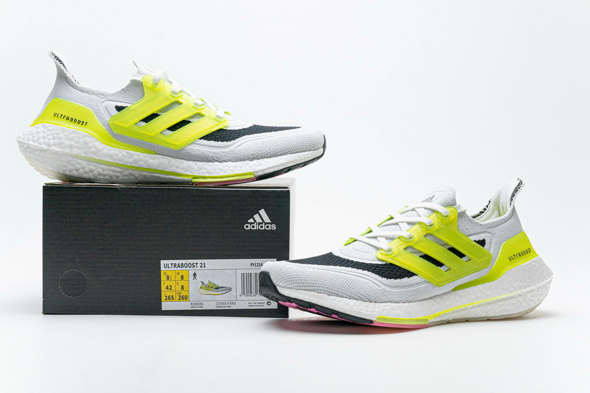 adidas UltraBoost 21 Running Shoes, in White and Volt FY1214 - product image from the listing.